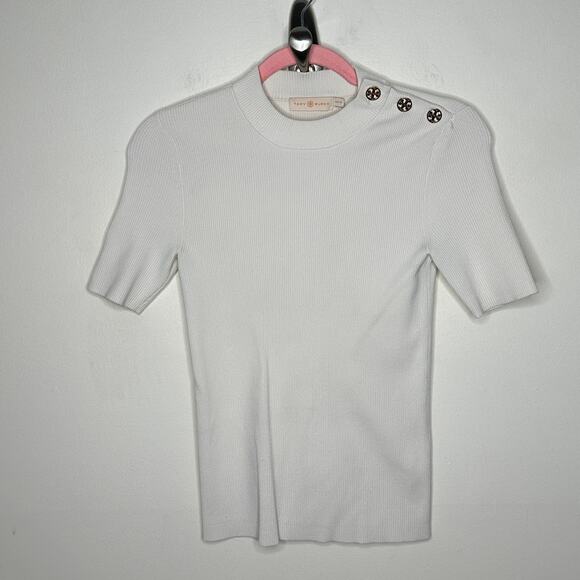 TORY BURCH Carey Mockneck Sweater Ivory Gold Logo Buttons {3Q54} - Picture 4 of 7